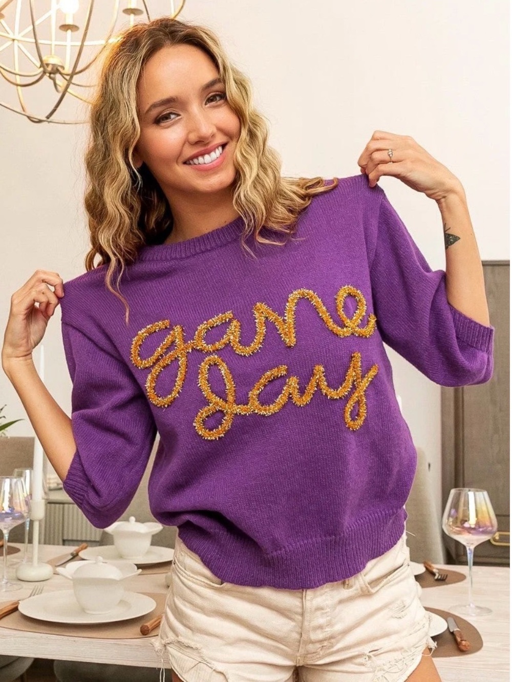 BiBi NWT Size Oversized Small Purple 'Game Day' Embroidered Crewneck Sweater